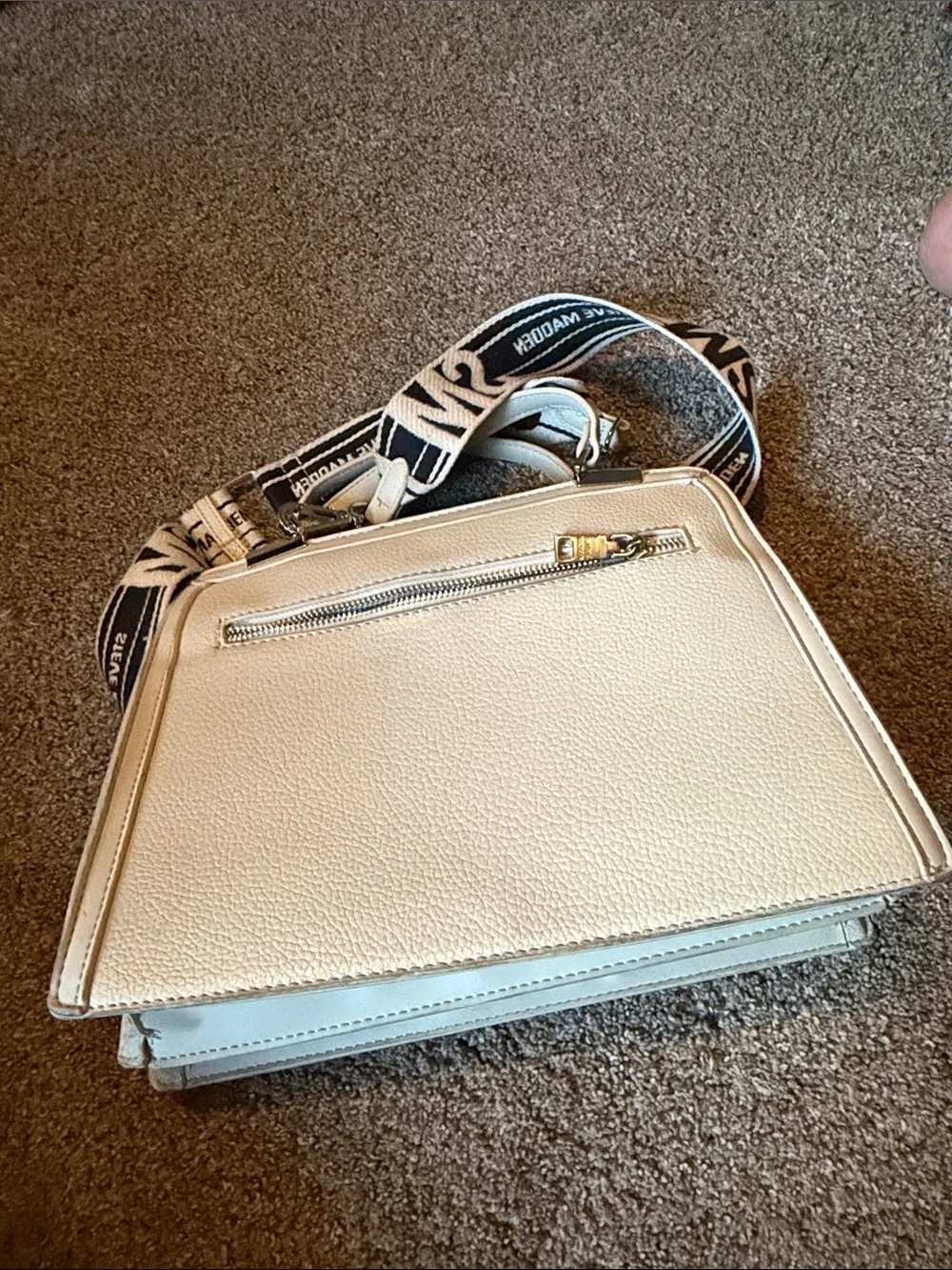 Steve Madden Cream Box Crossbody with Branded Black & Cream Strap